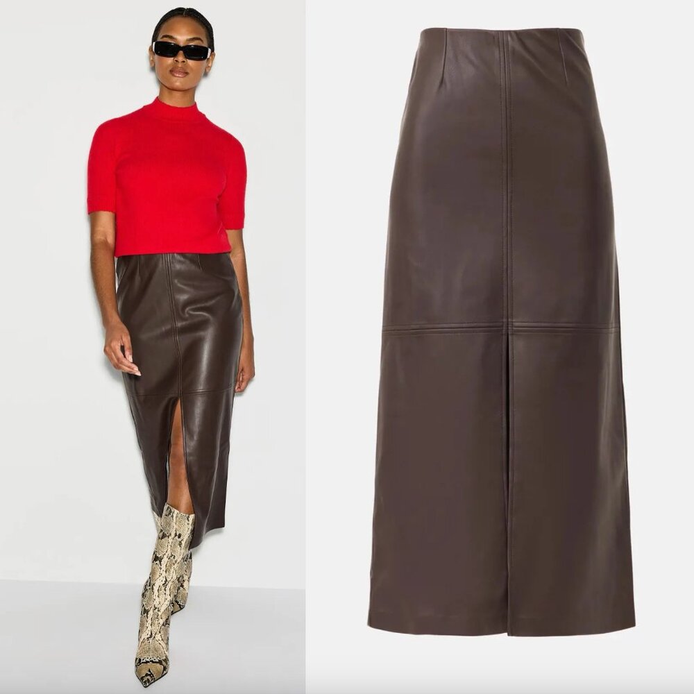 Fifteen Twenty Kaia Faux Leather Midi Skirt in Brown High Waisted XS